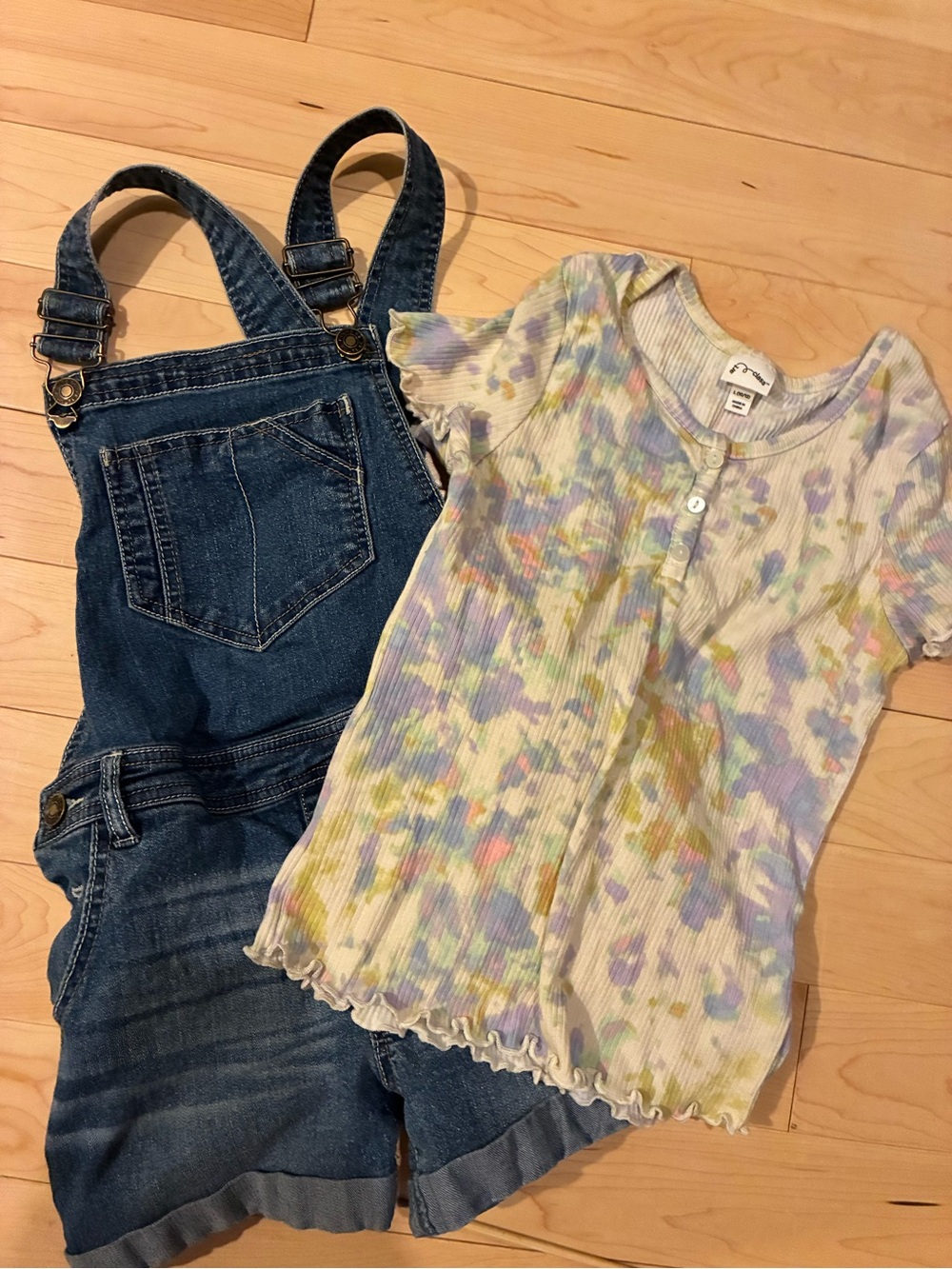 art class Denim Blue Overalls with Pastel Tie-Dye Top 10/12